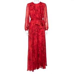 Pre Owned Valentino Red Floral Printed Silk Chiffon Ruffle Trimmed Belted Gown L