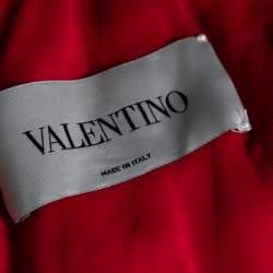 Pre Owned Valentino Red Floral Printed Silk Chiffon Ruffle Trimmed Belted Gown L