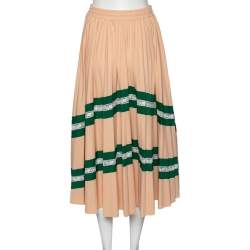 Pre Owned Valentino Peach Crepe & Lace Trimmed Pleated Midi Skirt M 