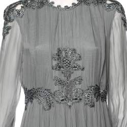 Pre Owned Valentino Grey Crepe de Chine Silk Embellished Maxi Dress L