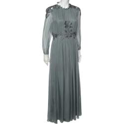 Pre Owned Valentino Grey Crepe de Chine Silk Embellished Maxi Dress L