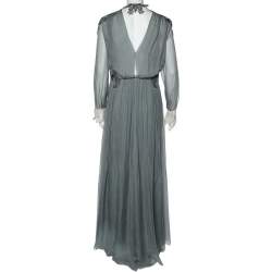 Pre Owned Valentino Grey Crepe de Chine Silk Embellished Maxi Dress L