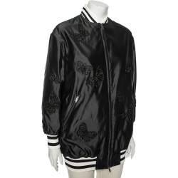 Pre Owned Valentino Black Silk & Rib Knit Trimmed Butterfly Embroidered Bomber Jacket S
