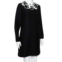 مملوكة مسبقًا Valentino Black Wool & Silk Crepe Embellished Neck Shift Dress M