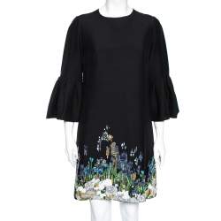 Pre Owned Valentino Black Crepe Sequin Embellished Flounce Sleeve Dress M