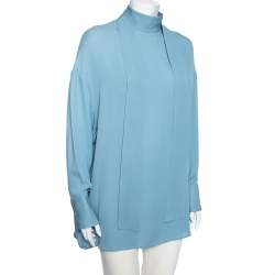 Pre Owned Valentino Blue Silk Bow Tie Back Long Sleeve Blouse M