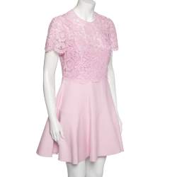 Pre Owned Valentino Pink Lace and Crepe Short Sleeve Crew Neck Dress M