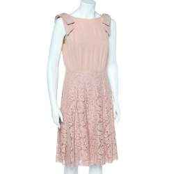 Pre Owned Valentino Pink Lace & Silk Bow Shoulder Detail Sleeveless Midi Dress M