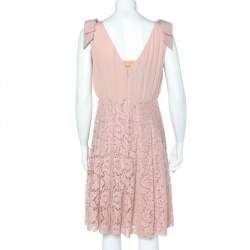 Pre Owned Valentino Pink Lace & Silk Bow Shoulder Detail Sleeveless Midi Dress M