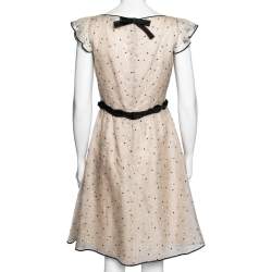 Pre Owned Valentino Beige Silk Polka Dots Embroidered Ruffle Sleeve Bow Waist Flared Dress M