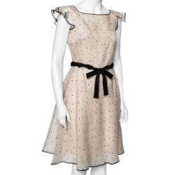 Pre Owned Valentino Beige Silk Polka Dots Embroidered Ruffle Sleeve Bow Waist Flared Dress M