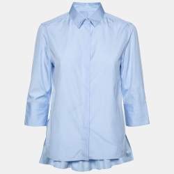 Pre Owned Valentino Blue Cotton Gathered Hem Detail Button Front Shirt M