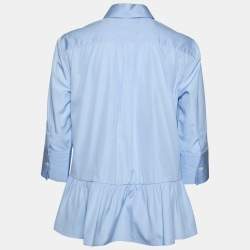 Pre Owned Valentino Blue Cotton Gathered Hem Detail Button Front Shirt M