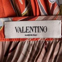 Pre Owned Valentino Orange Floral Printed Pleated Flared Mini Skirt M