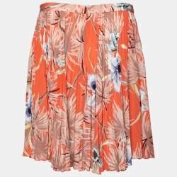 Pre Owned Valentino Orange Floral Printed Pleated Flared Mini Skirt M