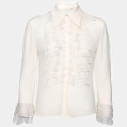 Pre Owned Valentino Cream Crepe Ruffle Detail Button Front Long Sleeve Blouse L