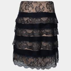Pre Owned Valentino Blue and Beige Ruffle Trim Lace Skirt S