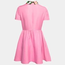 Pre Owned Valentino Pink Wool & Silk Leather Applique Detail Short Sleeve Dress M