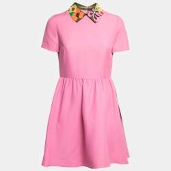 Pre Owned Valentino Pink Wool & Silk Leather Applique Detail Short Sleeve Dress M