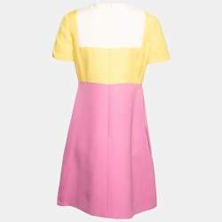 Pre Owned Valentino Pink Color-block Wool & Silk Pleat Detail Short Sleeve Dress M