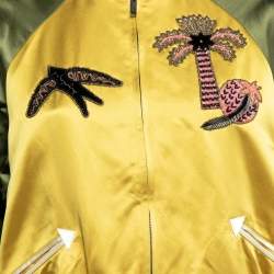 Pre Owned Valentino Yellow & Green Silk Satin Embroidered Patch Detail Bomber Jacket L