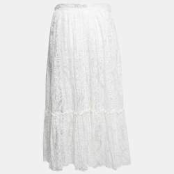 Pre Owned Valentino White Lace Tiered Midi Skirt S