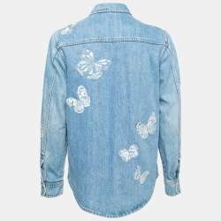 Pre Owned Valentino Blue Denim Butterfly Embroidered Button Front Shirt M