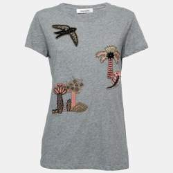 Pre Owned Valentino Grey Cotton Embroidered Embellished Round Neck T-Shirt M