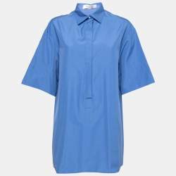 Pre Owned Valentino Blue Cotton Button Front Short Sleeve Blouse L