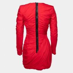 Pre Owned Valentino Red Silk Gathered Long Sleeve Short Dress M
