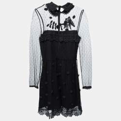 Pre Owned Red Valentino Black Tulle & Lace Floral Appliqued Long Sleeve Short Dress S
