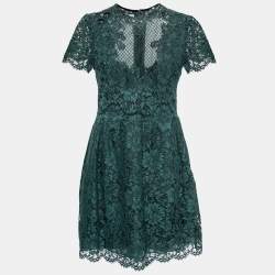 Pre Owned Valentino Green Floral Lace Bead Embellished Short Sleeve Dress 
