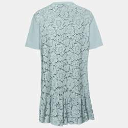 Pre Owned Valentino Powder Blue Knit & Lace Paneled Short Sleeve Dress M