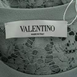 Pre Owned Valentino Powder Blue Knit & Lace Paneled Short Sleeve Dress M