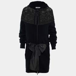 Pre Owned Valentino Grey/Black Wool Crochet Hoodie Zip Front Jacket M