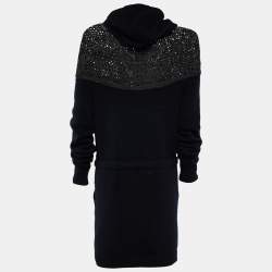 Pre Owned Valentino Grey/Black Wool Crochet Hoodie Zip Front Jacket M