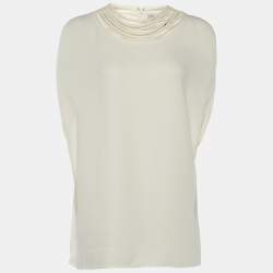 Pre Owned Valentino Cream Silk Layered Neckline Cape Blouse L