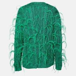 Pre Owned Valentino Metallic Green Feather Embellished Cardigan L