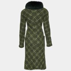 Valentino Green Tweed Fur Collar Button Front Coat M