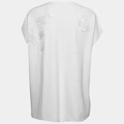 Pre Owned Valentino White Stretch Knit Butterfly Bead Embroidered Top L