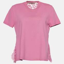 Pre Owned Valentino Pink Knit & Floral Lace Peplum Top M