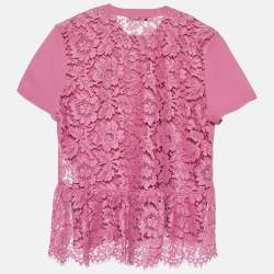 Pre Owned Valentino Pink Knit & Floral Lace Peplum Top M