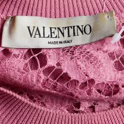 Pre Owned Valentino Pink Knit & Floral Lace Peplum Top M