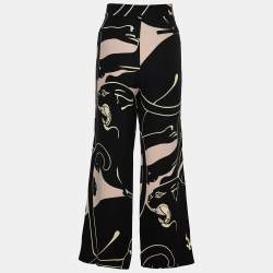 Pre Owned Valentino Black Panther Print Silk Cady Wide Leg Trousers M