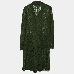 Pre Owned Valentino Dark Green Floral Lace Coat & Skirt Set M