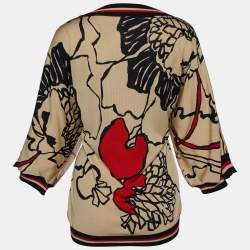 Pre Owned Valentino Beige Abstract Print Silk & Knit Sheer Top L