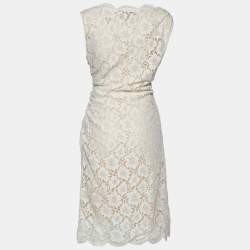 Pre Owned Valentino White Floral Lace Ruched Sleeveless Dress L