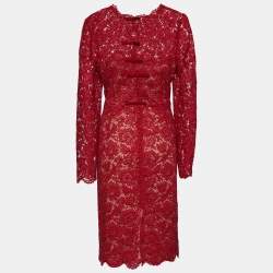Pre Owned Valentino Red Floral Lace Bow Detail Knee-Length Dress L