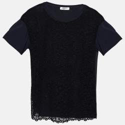 Pre Owned Valentino Black Crochet Lace & Knit Short Sleeve Top XL