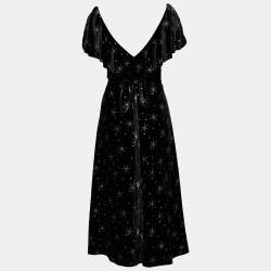 Pre Owned Valentino Black Glitter Star Print Velvet Ruffled Midi Dress M